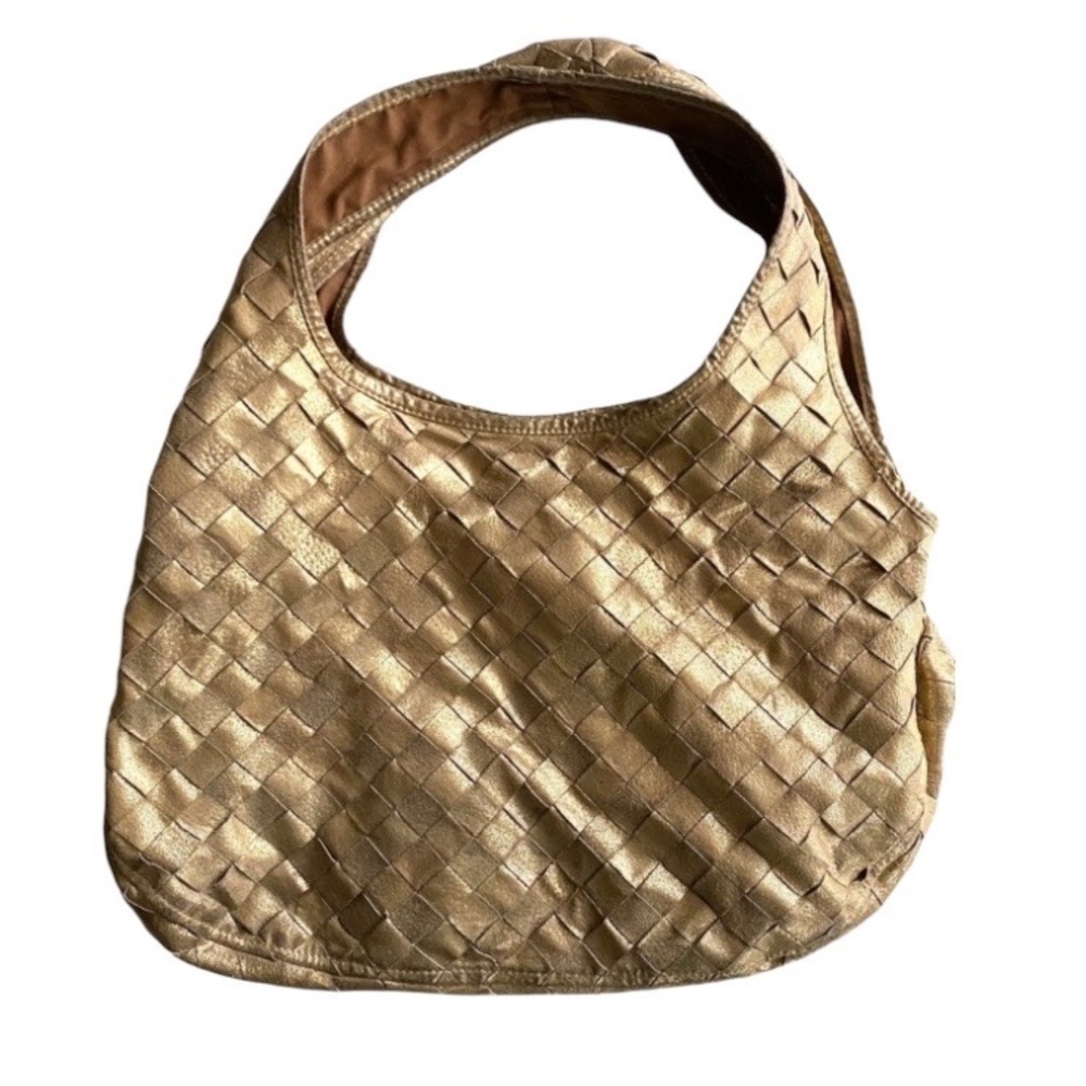Vintage Y2K Metallic Gold Leather Basket Weave Hobo Style Bag Melie Bianco Purse